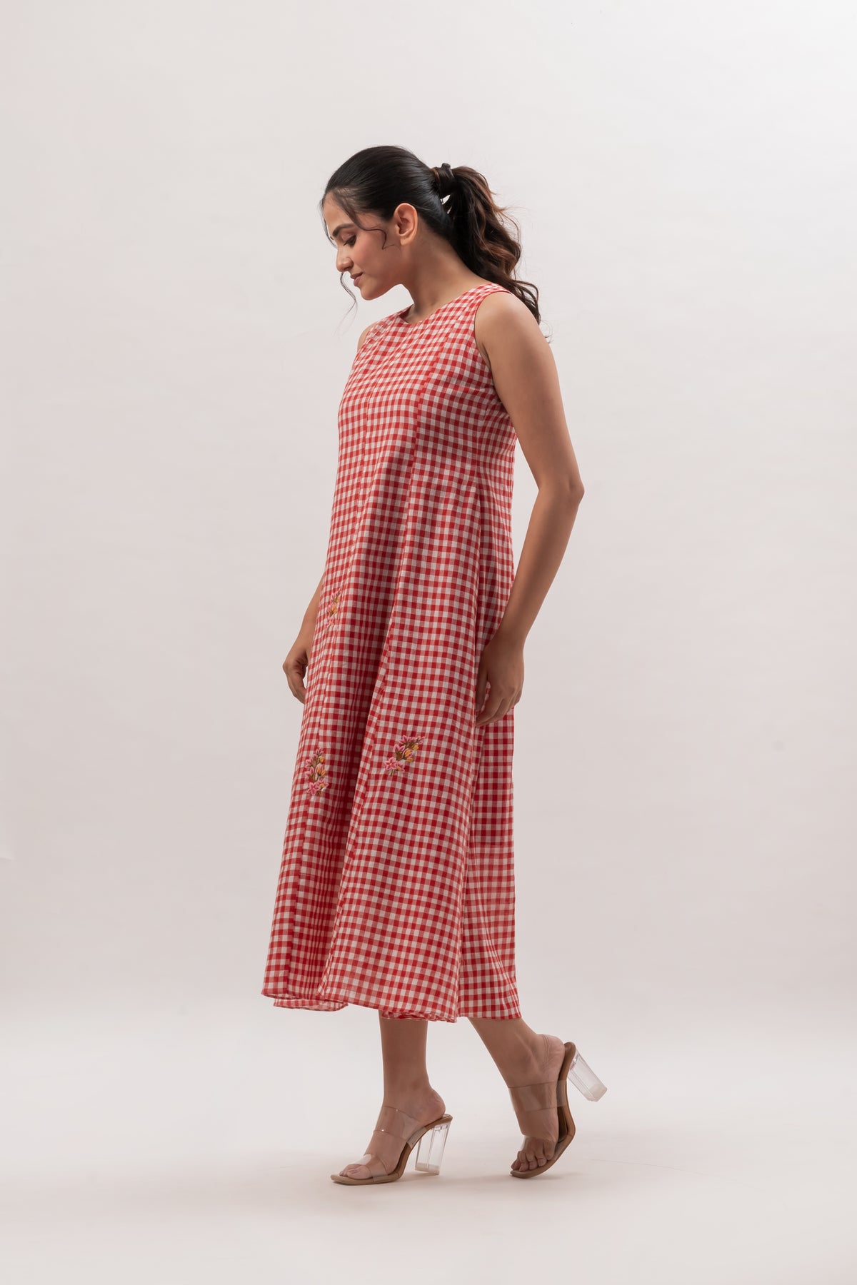 Red and White Gingham Sleeveless A-Line Dress with Floral Embroidery