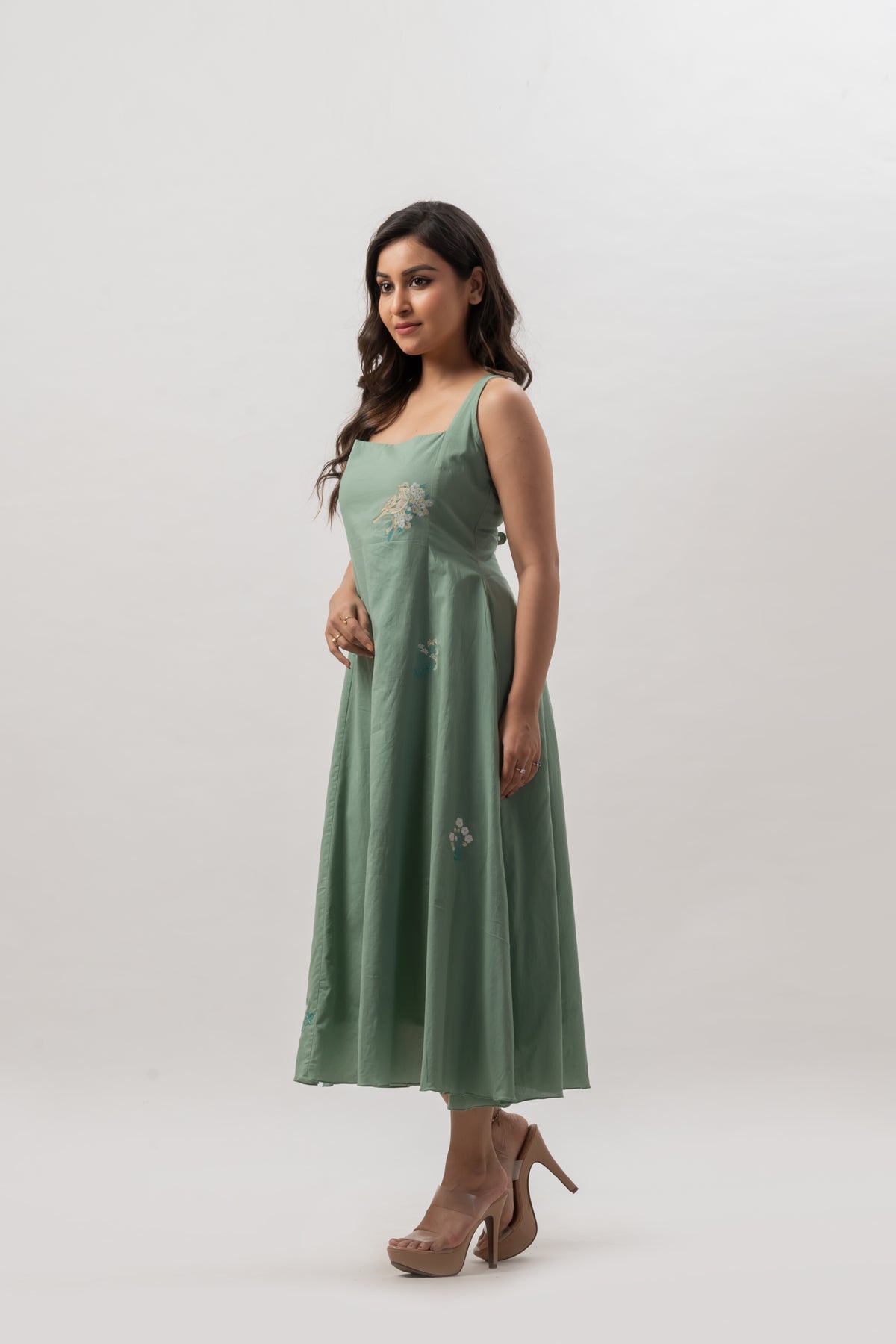 Sage Green Sleeveless Square Neck Dress with Floral Embroidery
