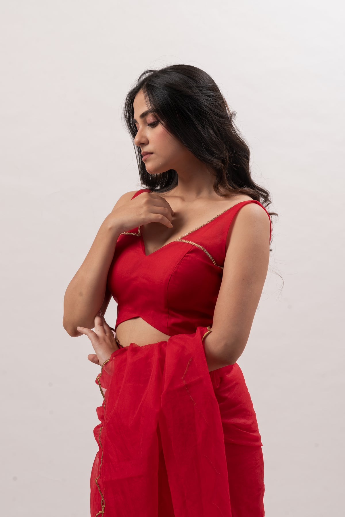 Crimson Red Sleeveless Deep V-Neckline Blouse