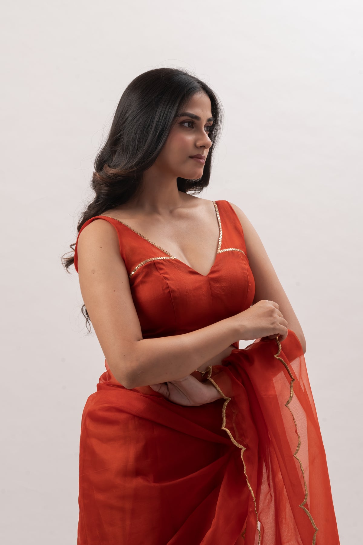 Rust Orange Organza V-Neck Blouse