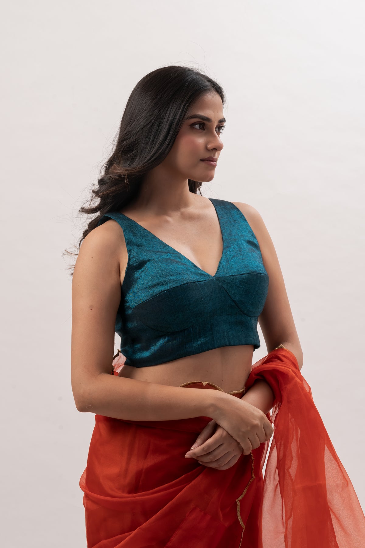 Teal Blue Broacade V-Neck Padded Blouse