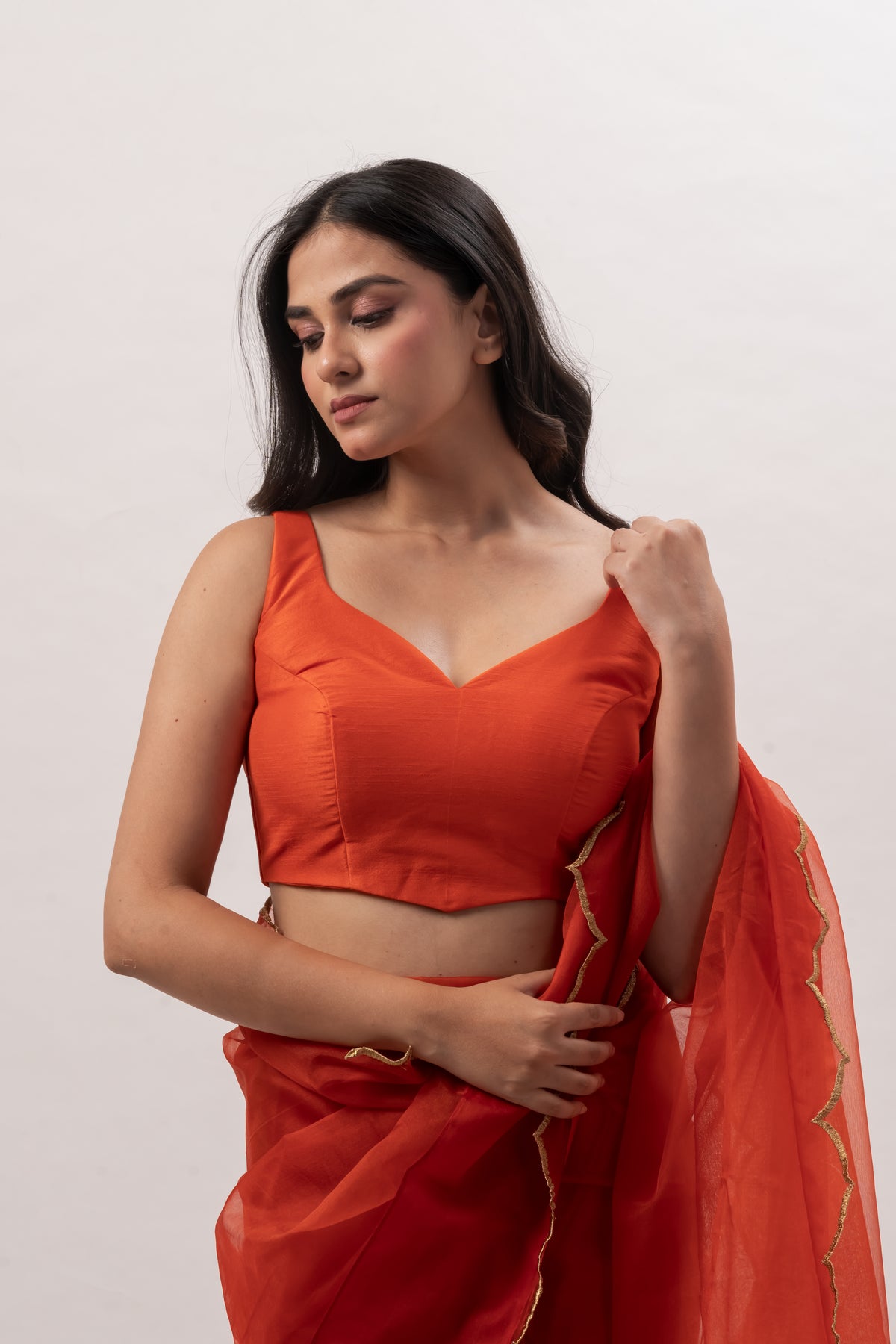 Orange Plain Chanderi Sweetheart Neck Blouse