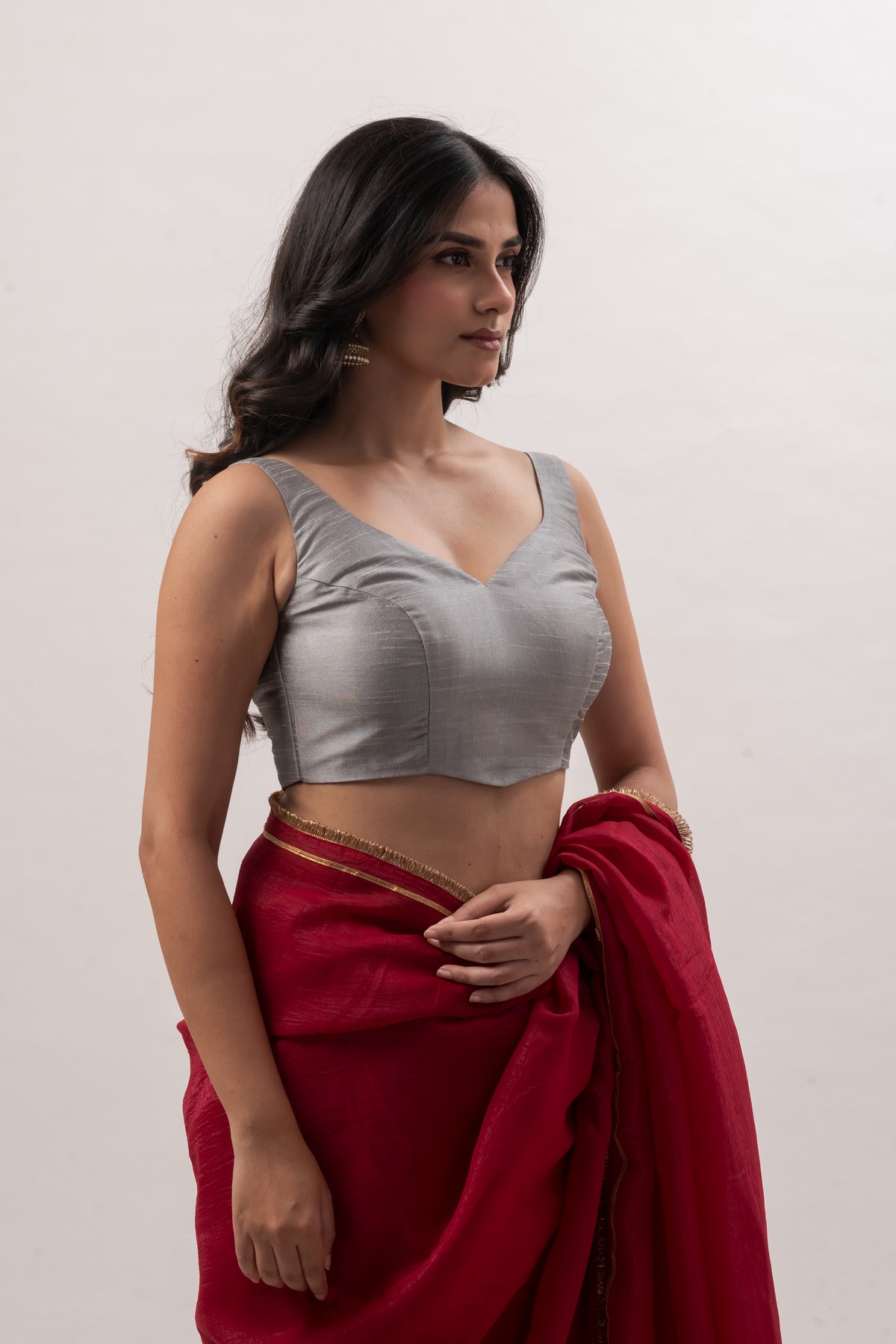 Gray Plain Chanderi Sweetheart Neck Blouse