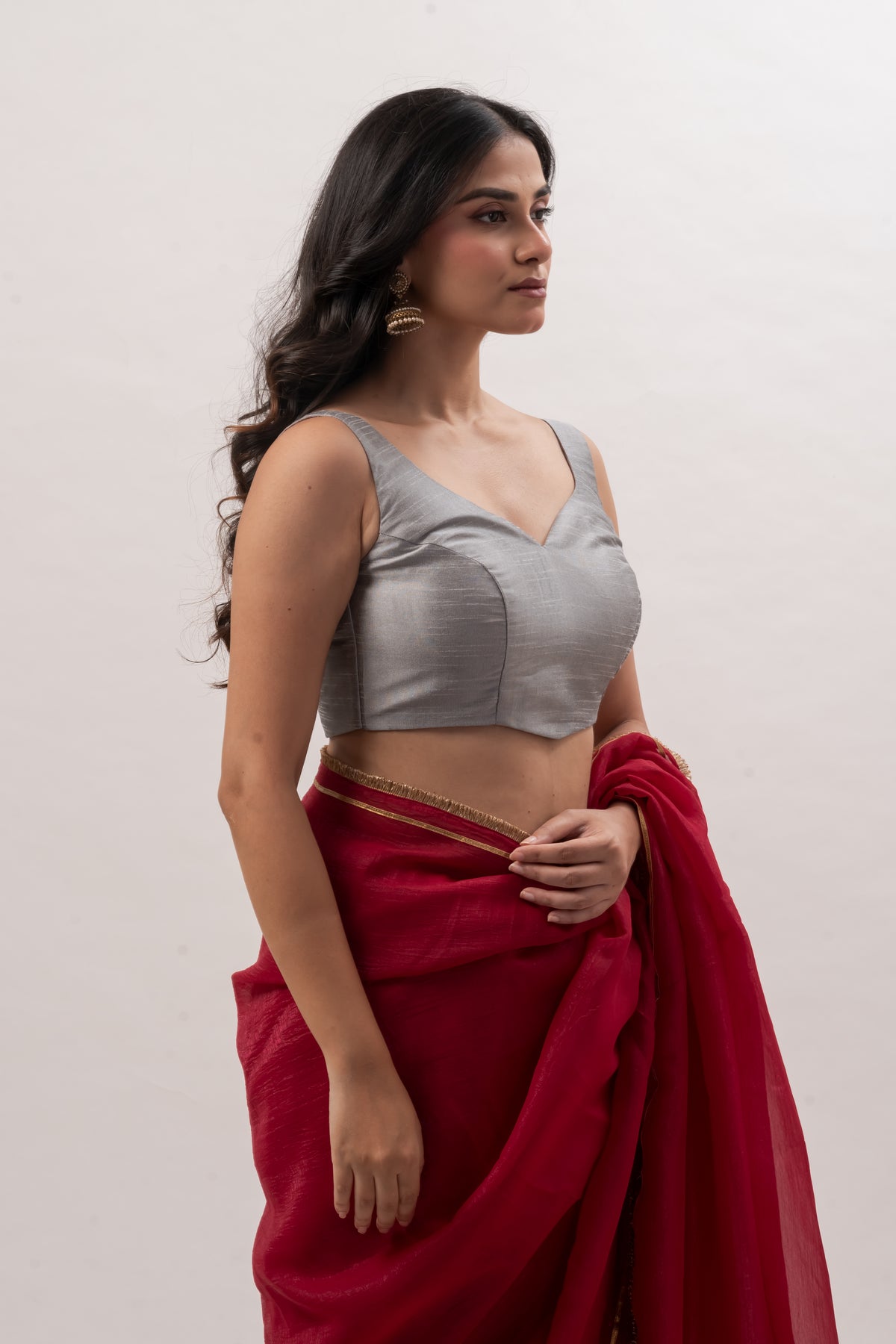 Gray Plain Chanderi Sweetheart Neck Blouse
