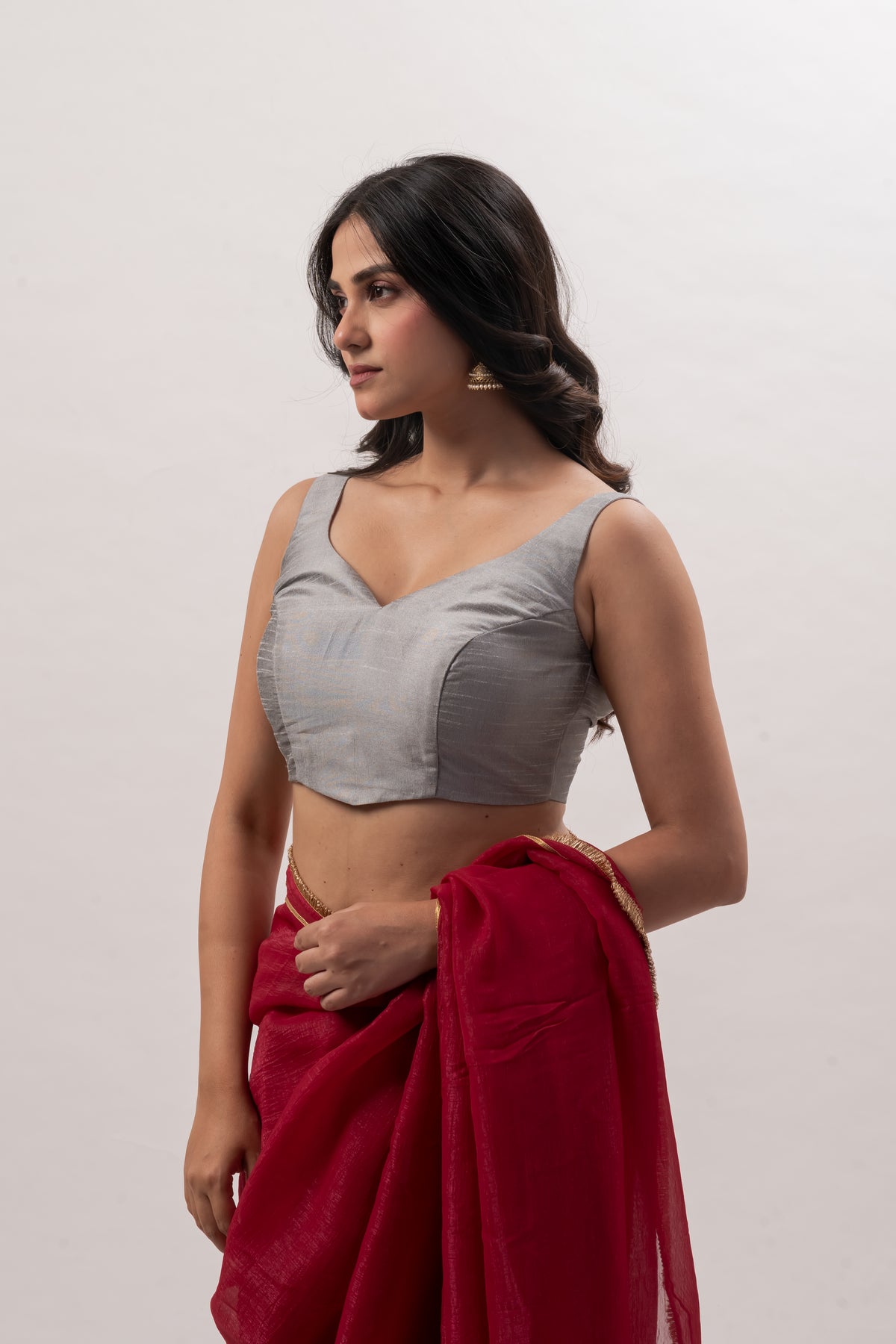 Gray Plain Chanderi Sweetheart Neck Blouse