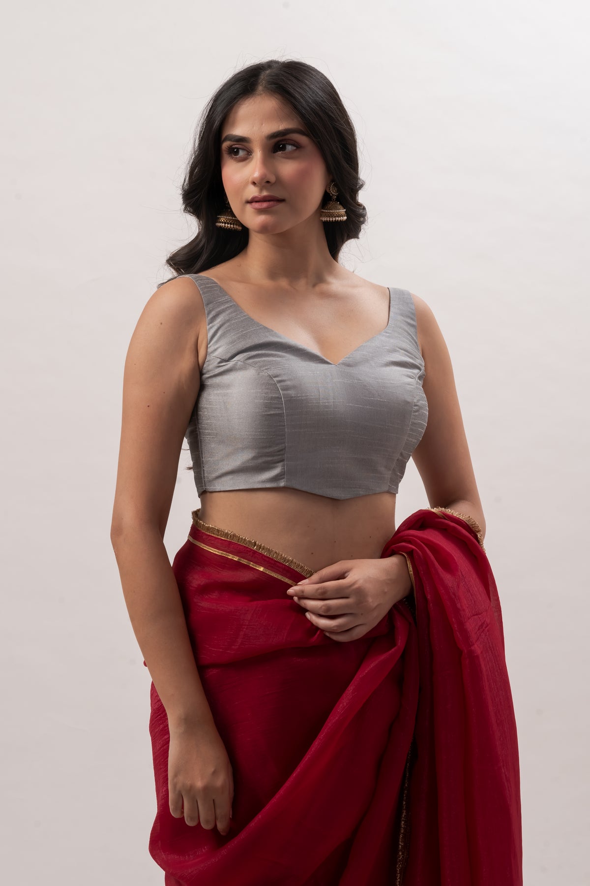 Gray Plain Chanderi Sweetheart Neck Blouse