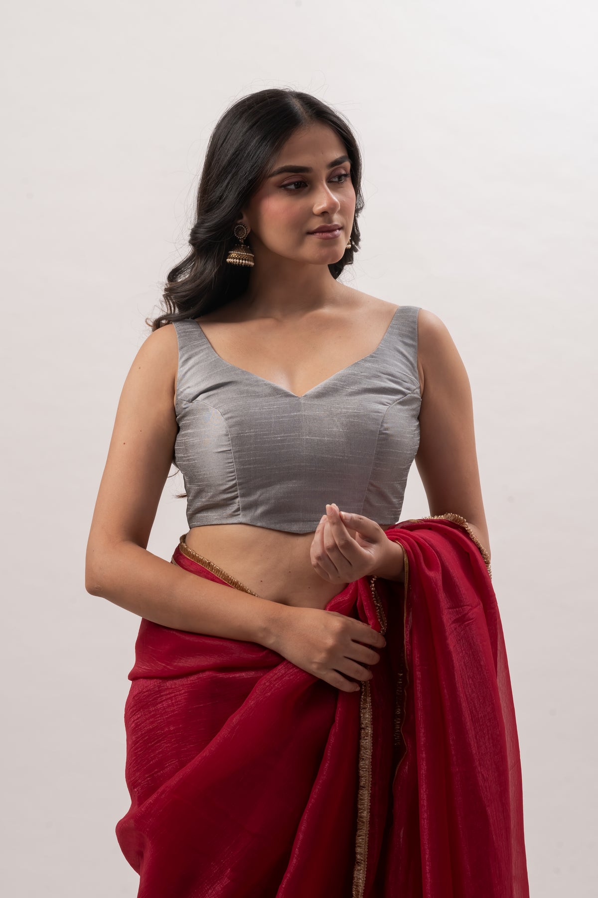 Gray Plain Chanderi Sweetheart Neck Blouse