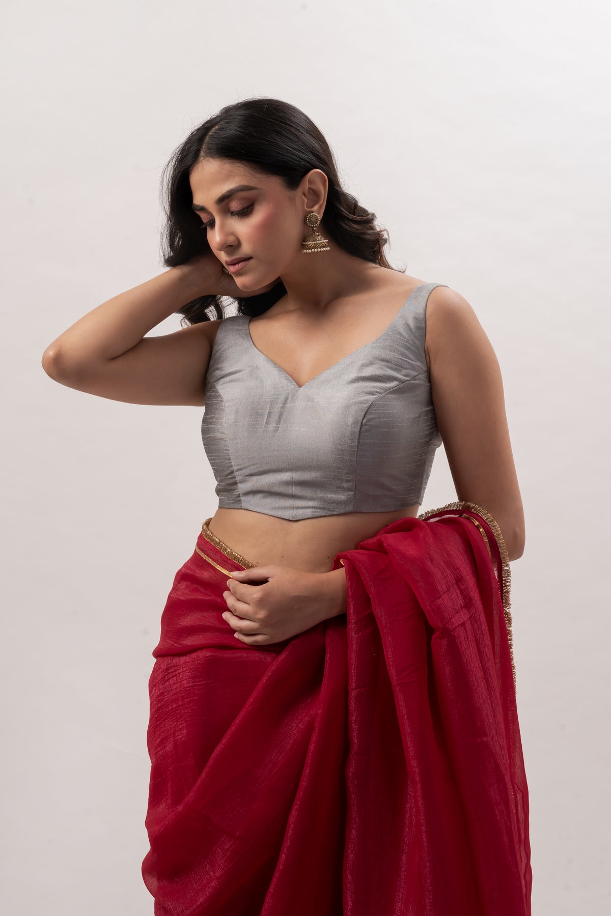 Gray Plain Chanderi Sweetheart Neck Blouse