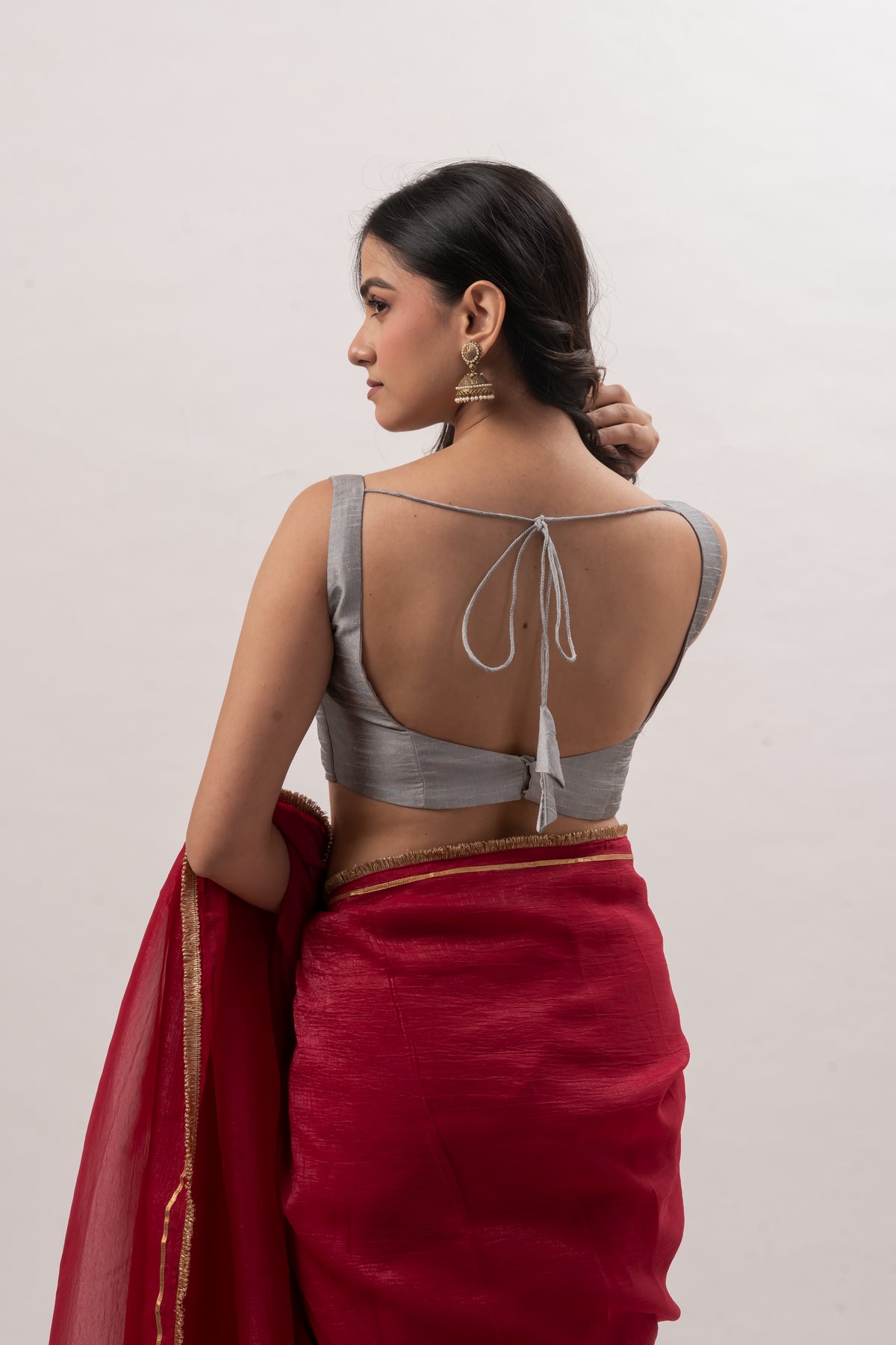 Gray Plain Chanderi Sweetheart Neck Blouse