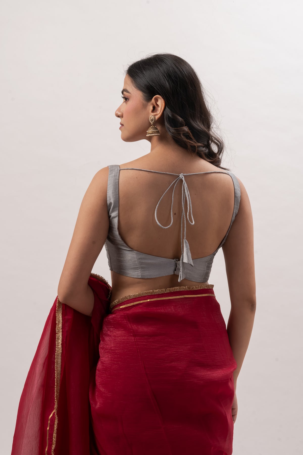 Gray Plain Chanderi Sweetheart Neck Blouse