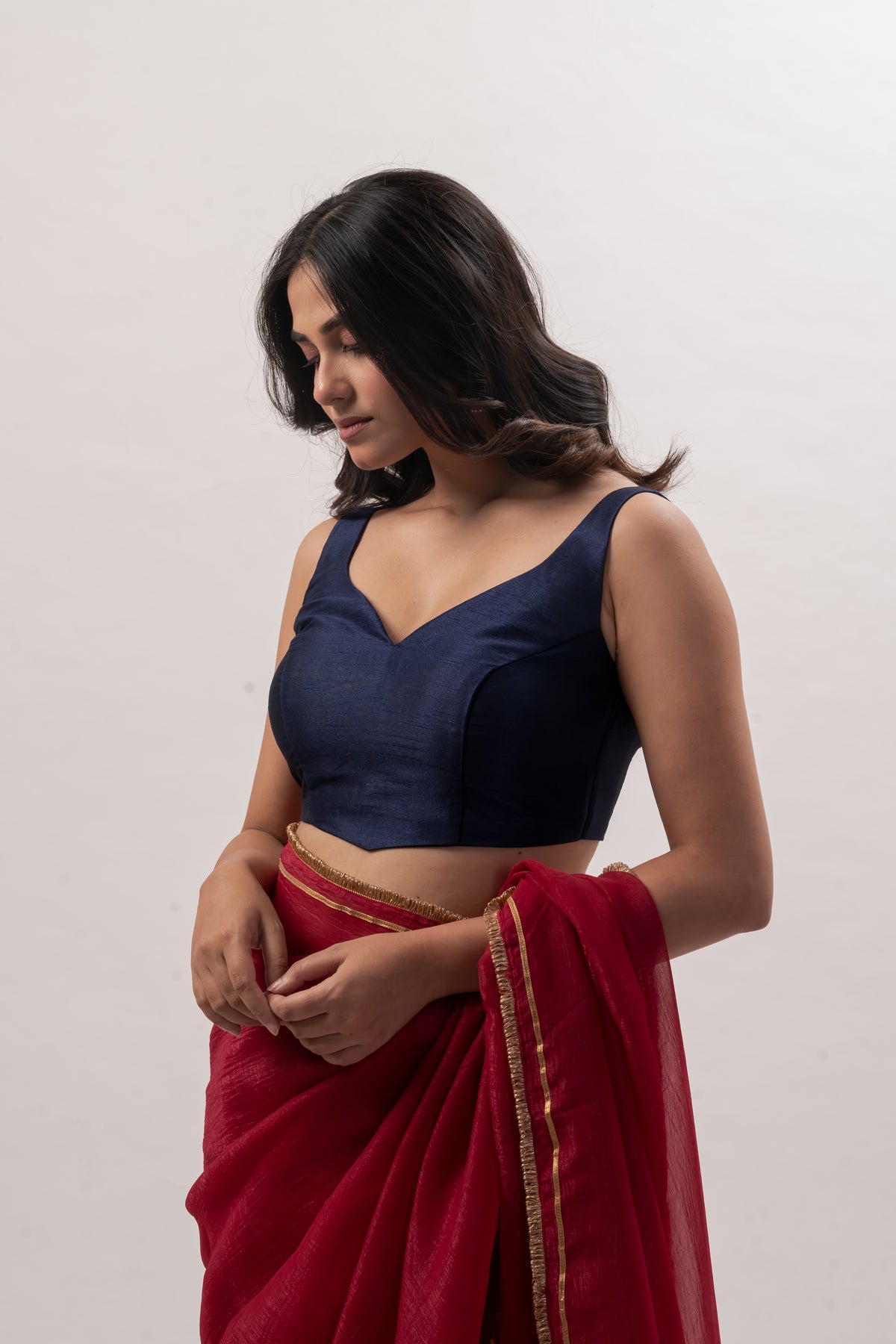 Navy Blue Sleeveless Sweetheart  Blouse