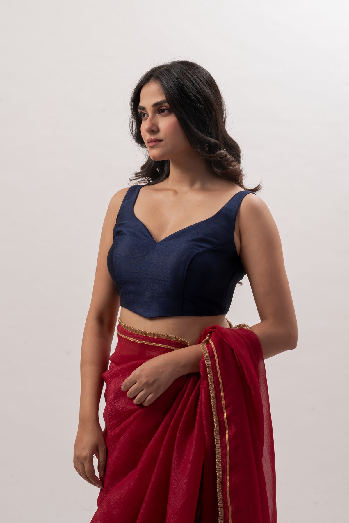 Navy Blue Sleeveless Sweetheart  Blouse