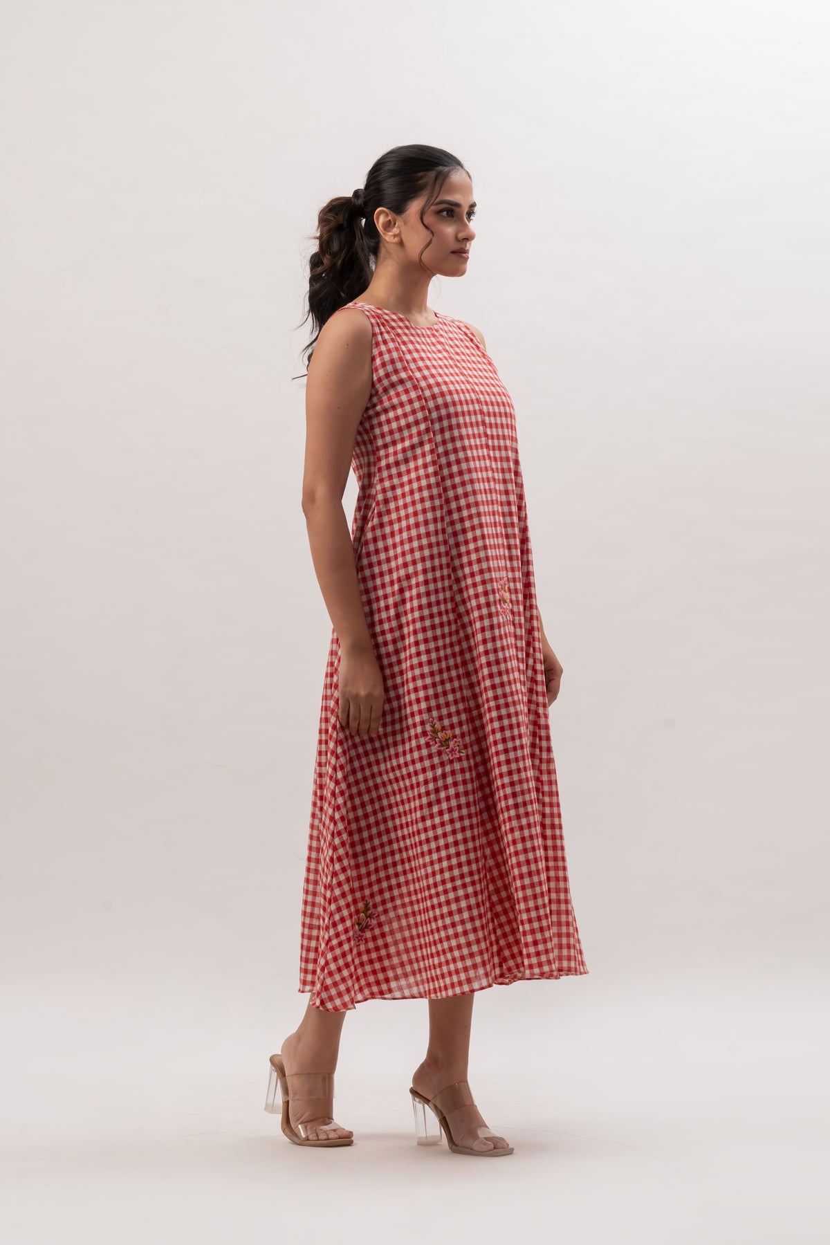 Red and White Gingham Sleeveless A-Line Dress with Floral Embroidery