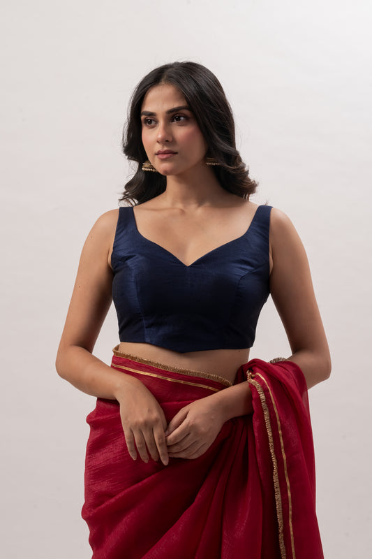 Navy Blue Sleeveless Sweetheart  Blouse