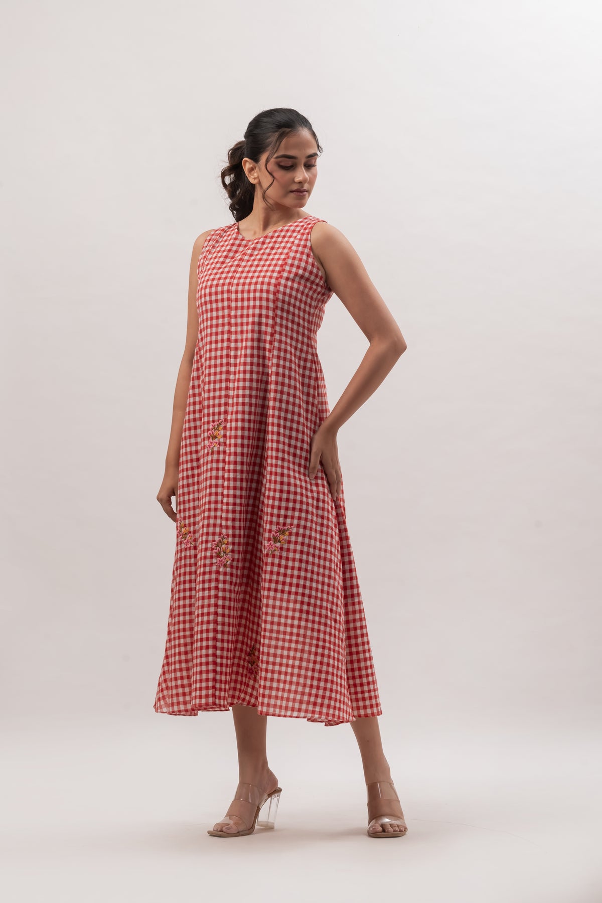 Red and White Gingham Sleeveless A-Line Dress with Floral Embroidery