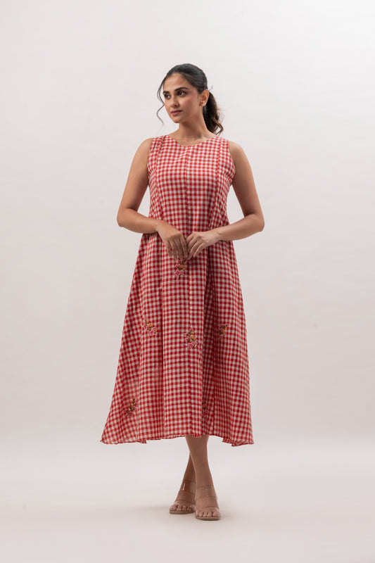 Red and White Gingham Sleeveless A-Line Dress with Floral Embroidery