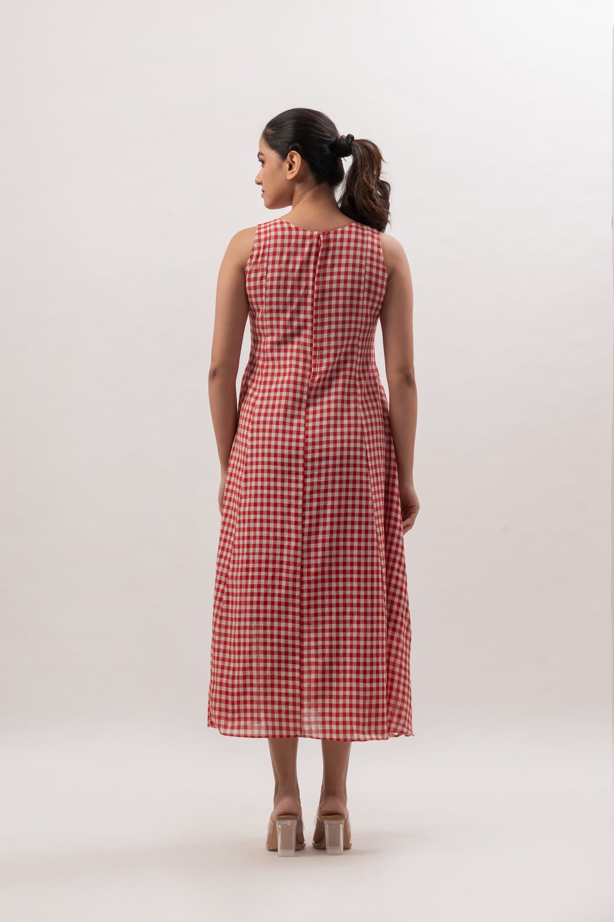 Red and White Gingham Sleeveless A-Line Dress with Floral Embroidery