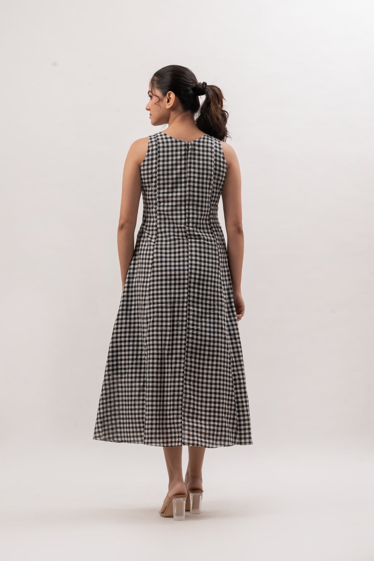 Black and White Gingham Sleeveless A-Line Dress with Floral Embroidery