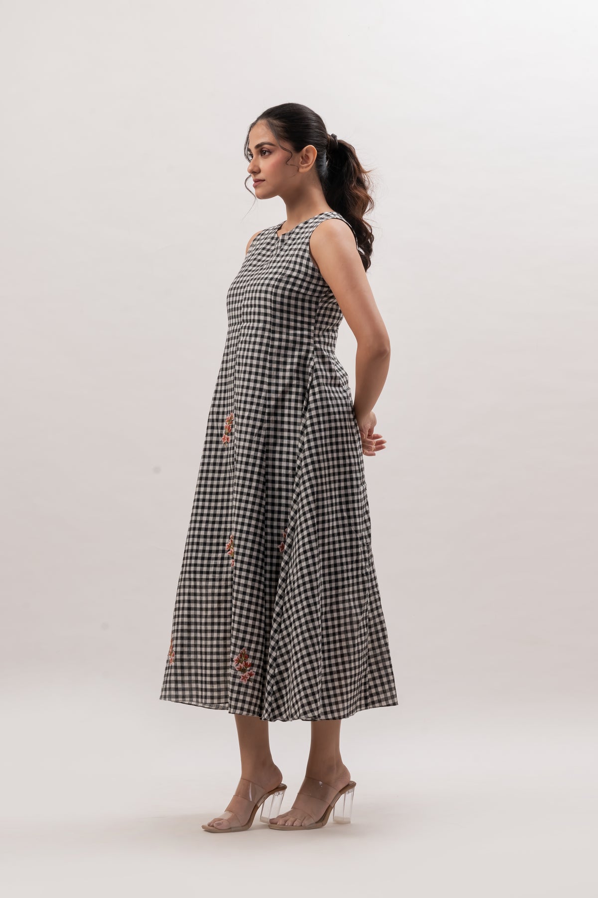 Black and White Gingham Sleeveless A-Line Dress with Floral Embroidery