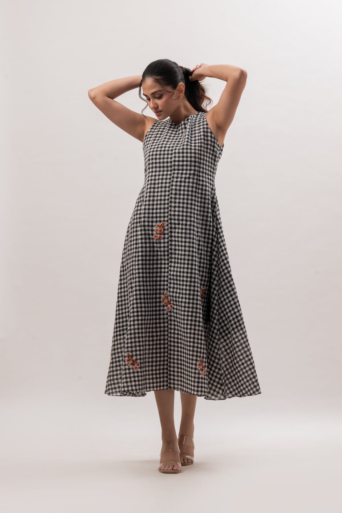Black and White Gingham Sleeveless A-Line Dress with Floral Embroidery