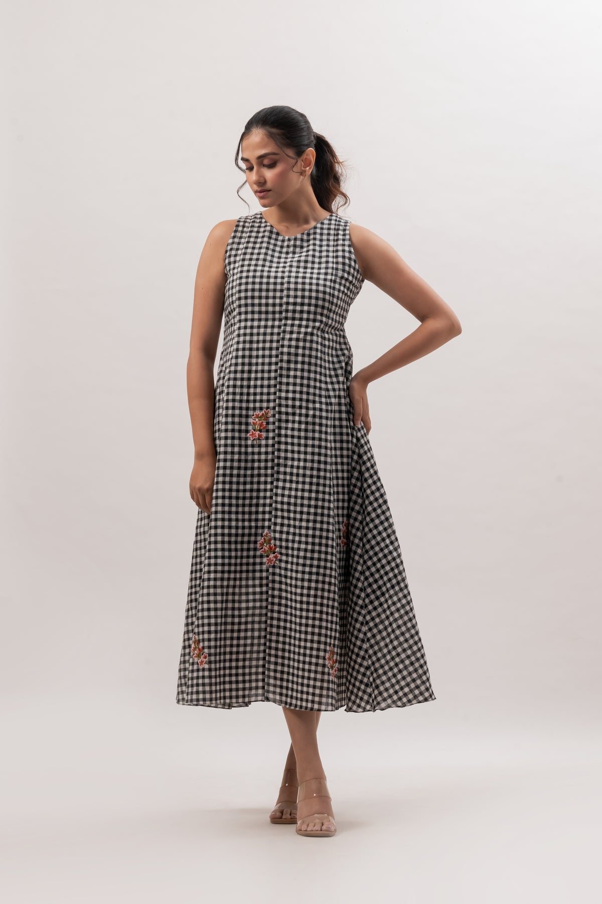 Black and White Gingham Sleeveless A-Line Dress with Floral Embroidery