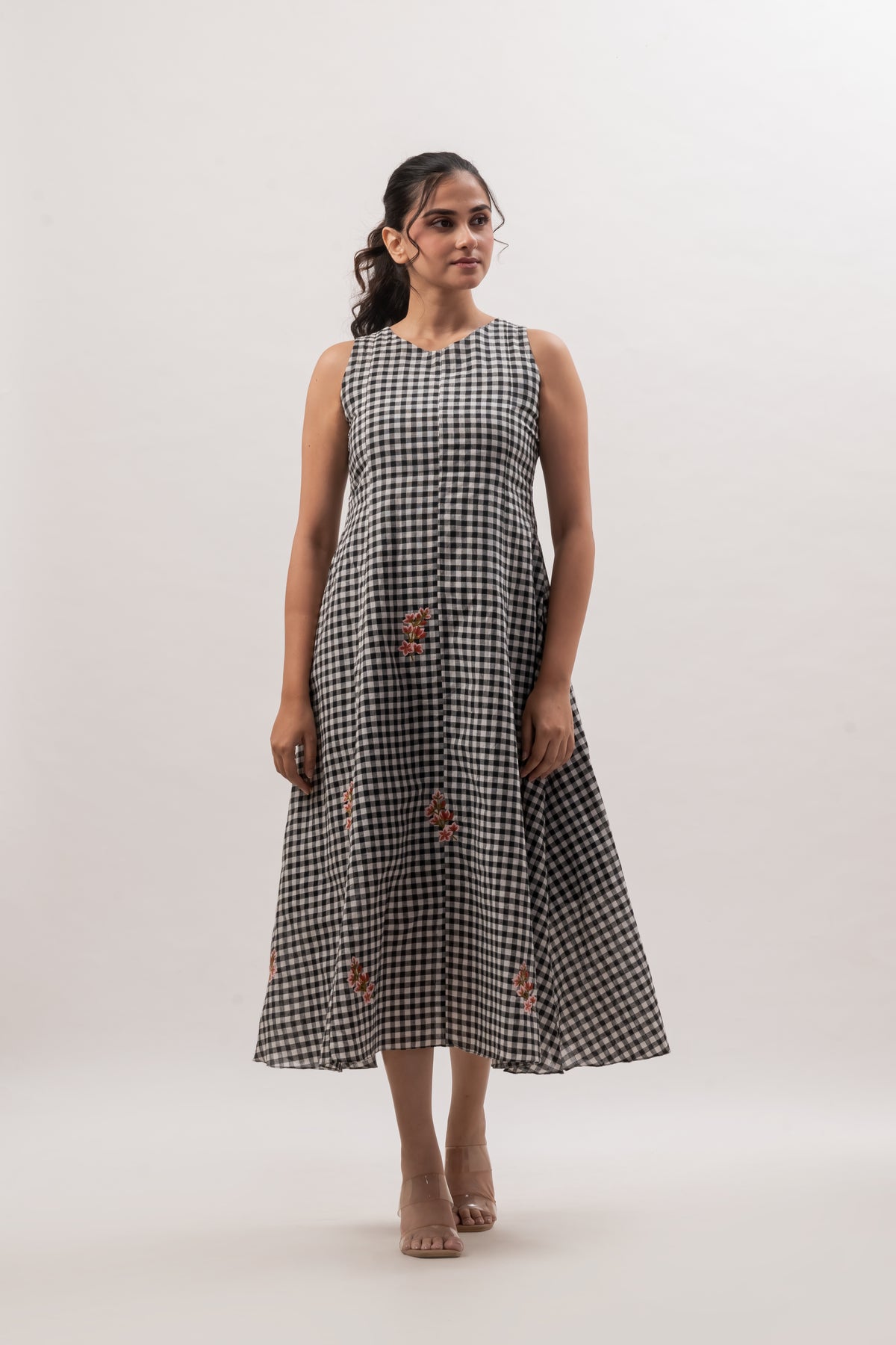 Black and White Gingham Sleeveless A-Line Dress with Floral Embroidery