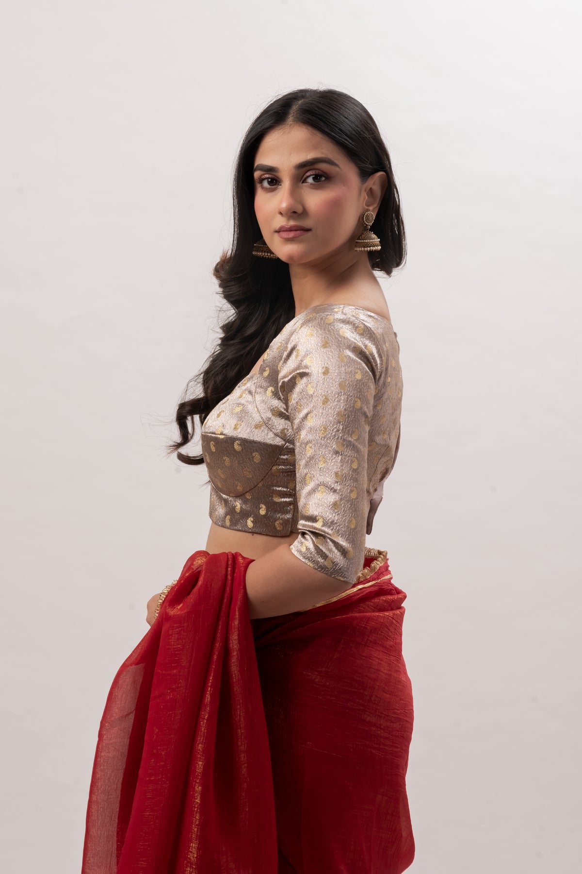 Muted Gold Elbow-Sleeve Sweetheart Blouse
