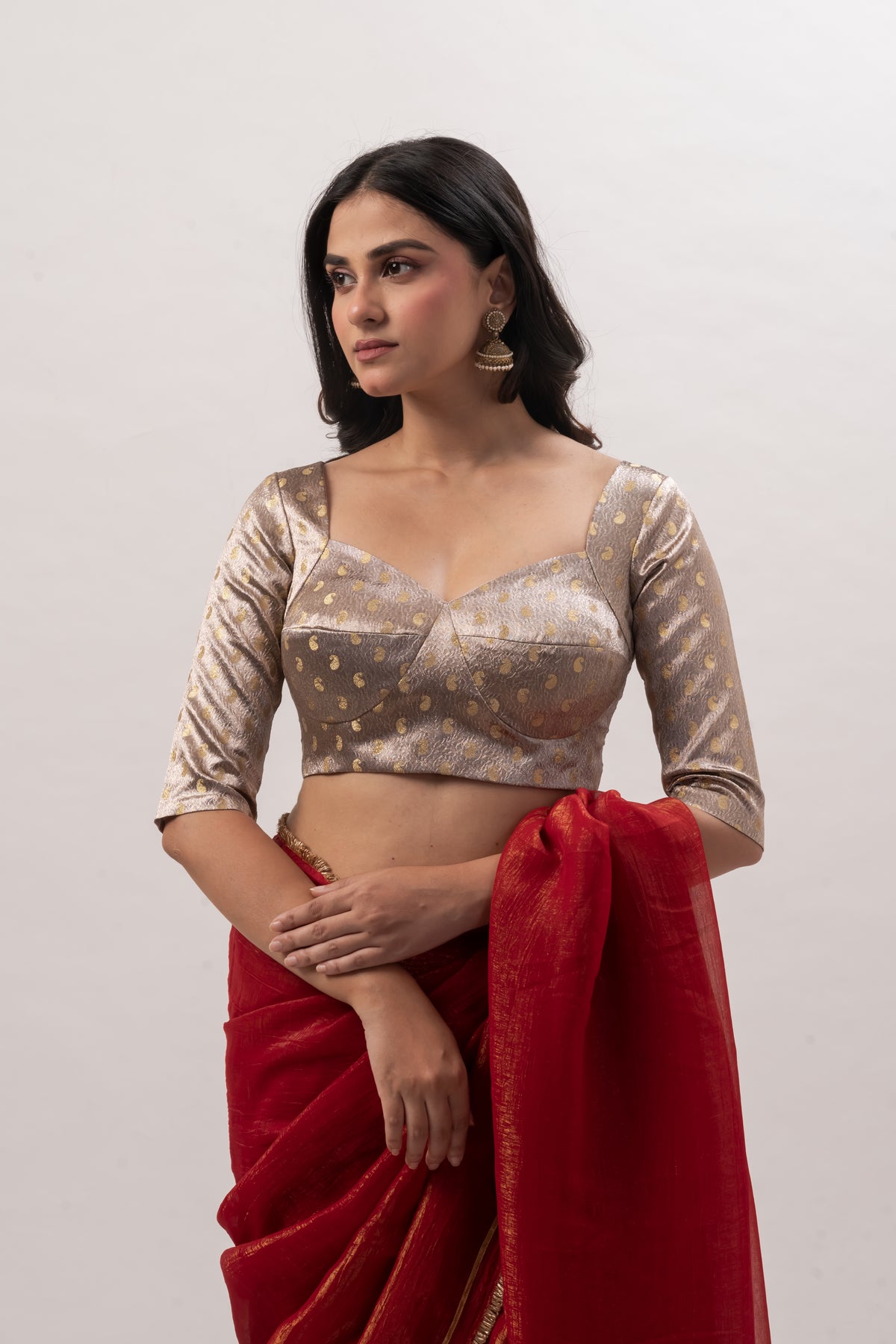 Muted Gold Elbow-Sleeve Sweetheart Blouse