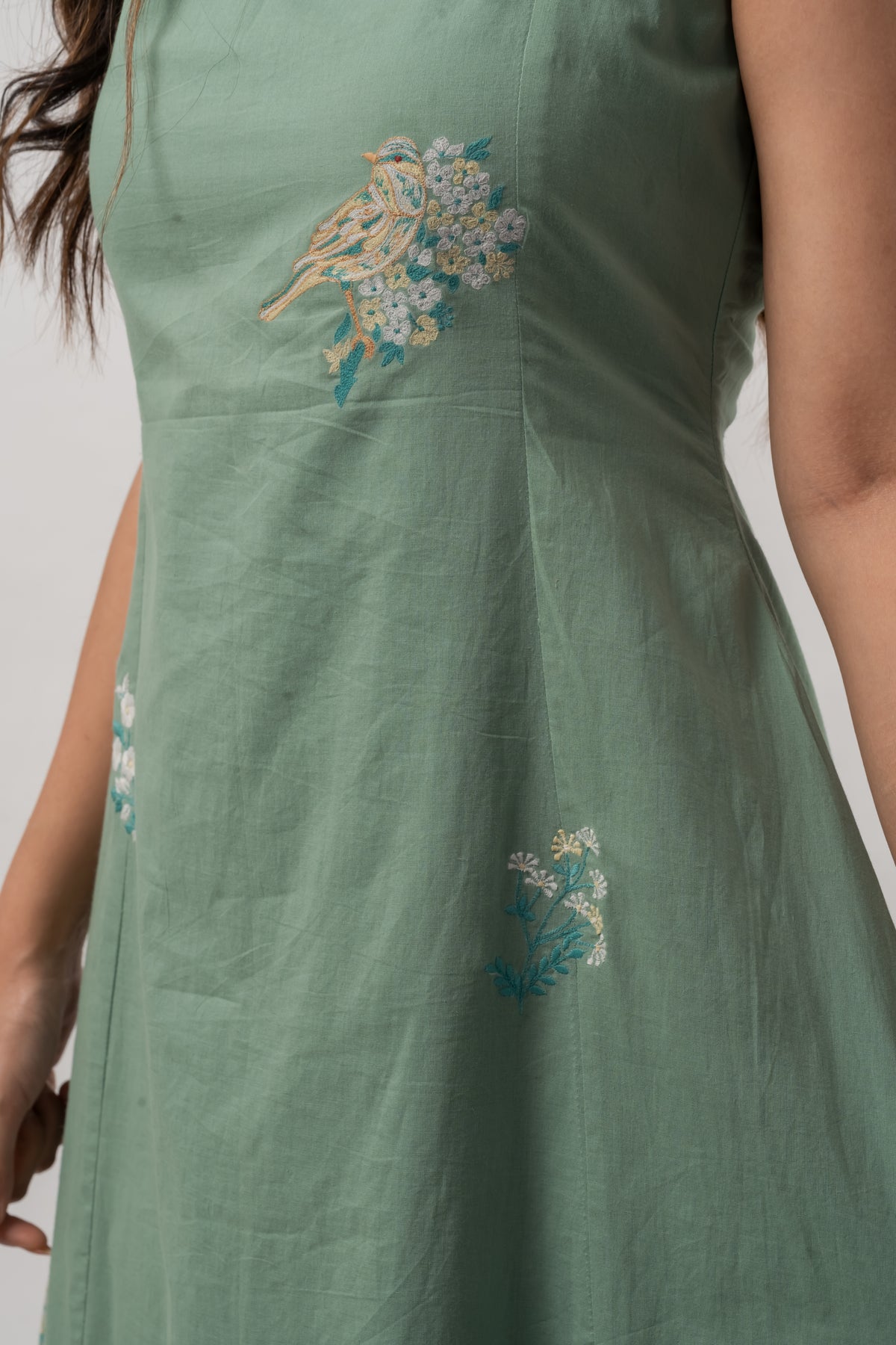 Sage Green Sleeveless Square Neck Dress with Floral Embroidery