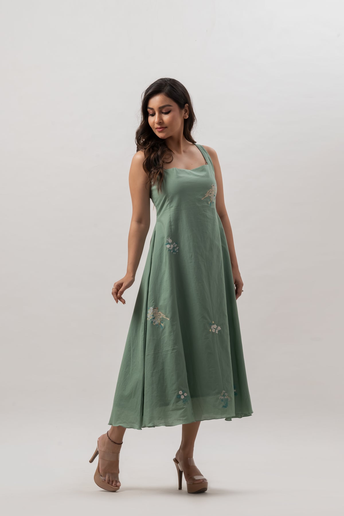 Sage Green Sleeveless Square Neck Dress with Floral Embroidery