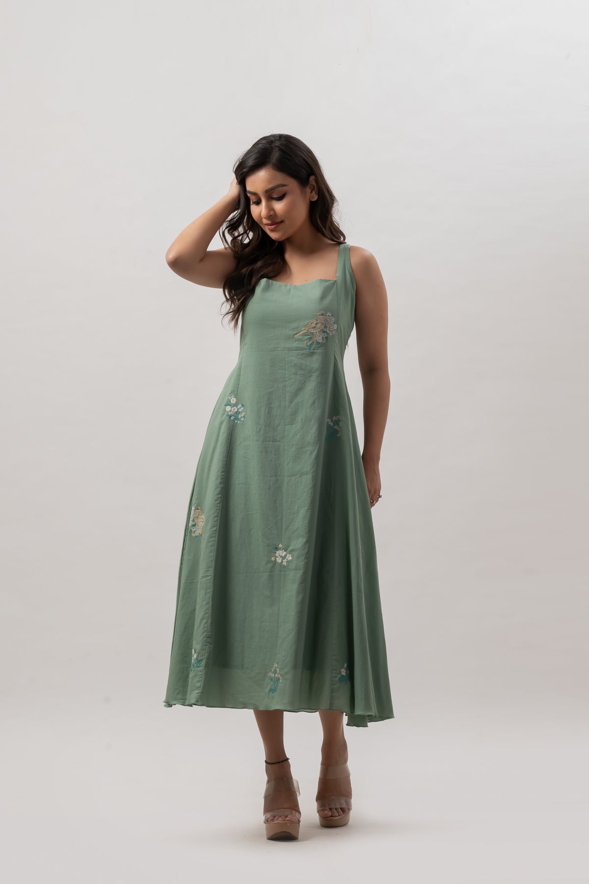 Sage Green Sleeveless Square Neck Dress with Floral Embroidery