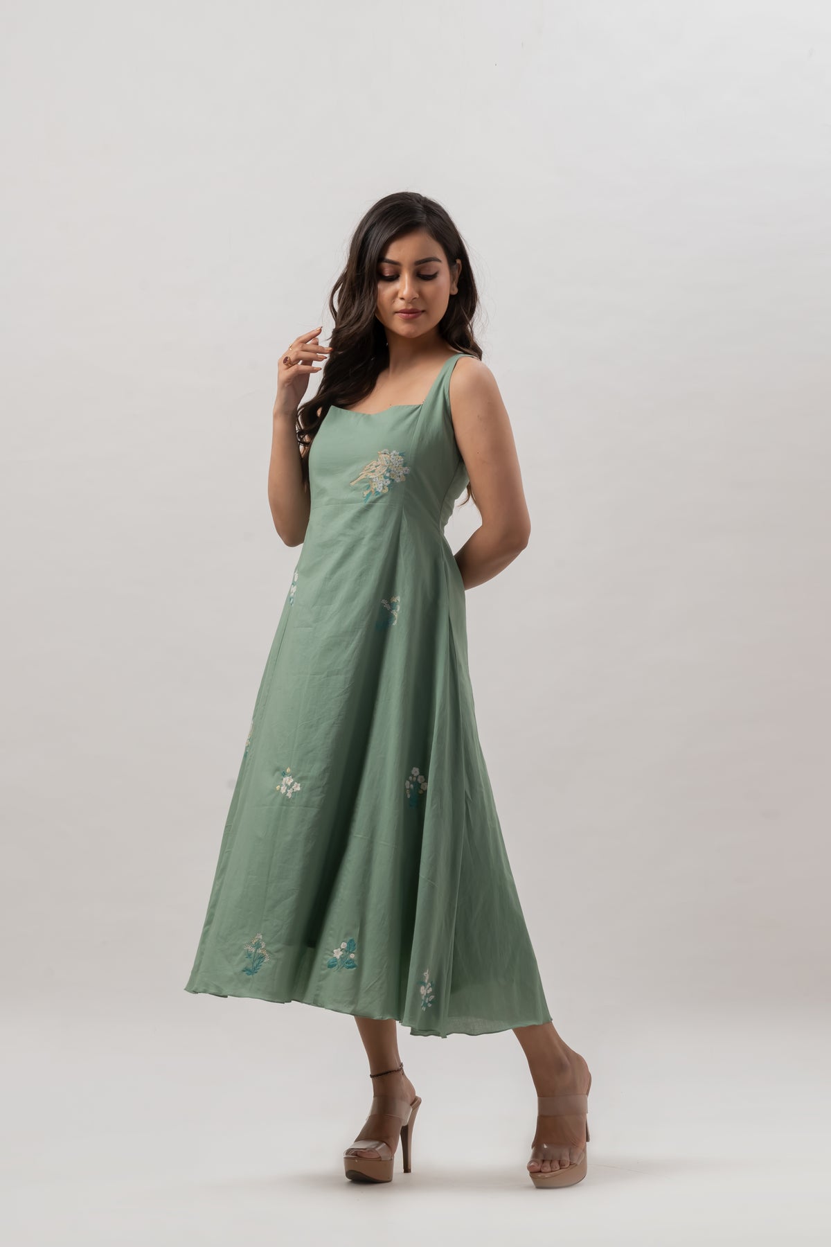 Sage Green Sleeveless Square Neck Dress with Floral Embroidery