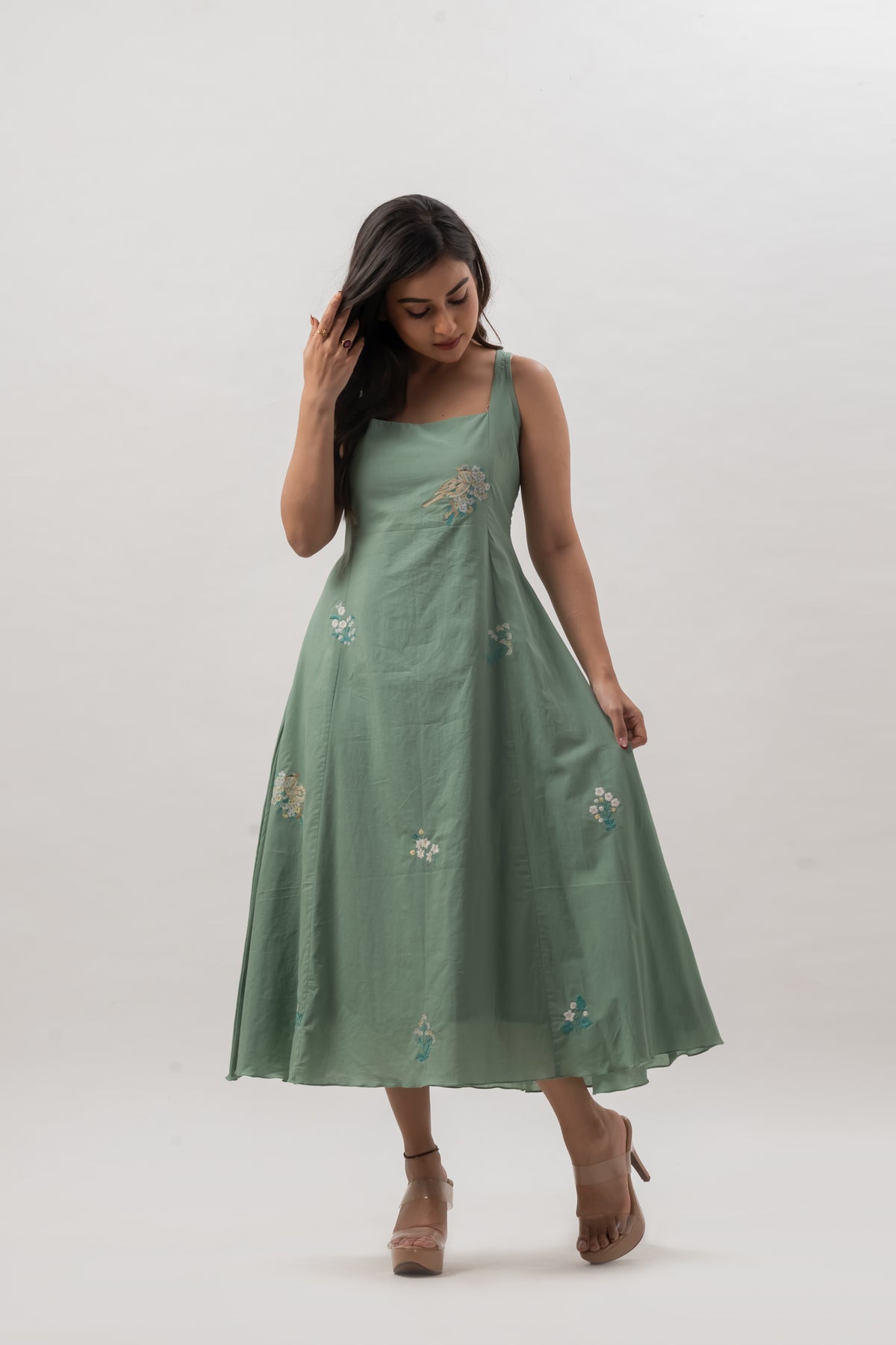 Sage Green Sleeveless Square Neck Dress with Floral Embroidery
