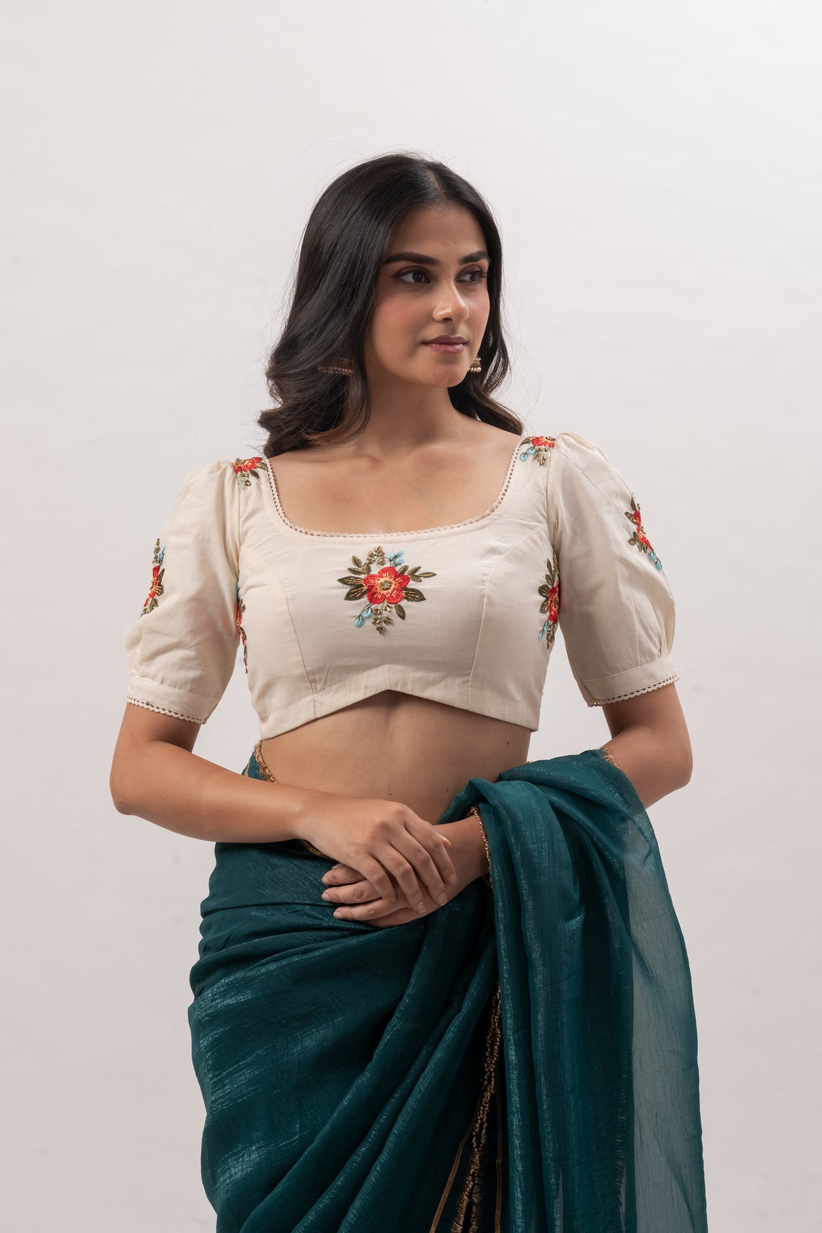 Floral Embroidery Off-White Blouse