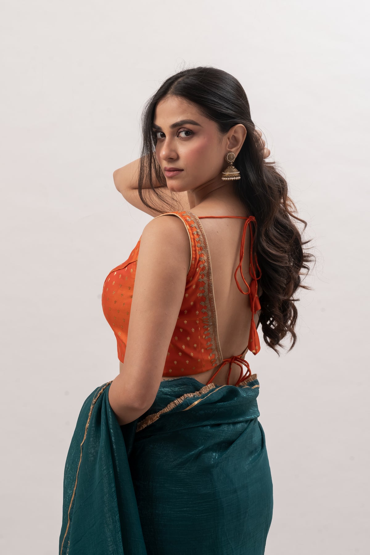 Tangerine Orange Sleeveless Benarasi Blouse