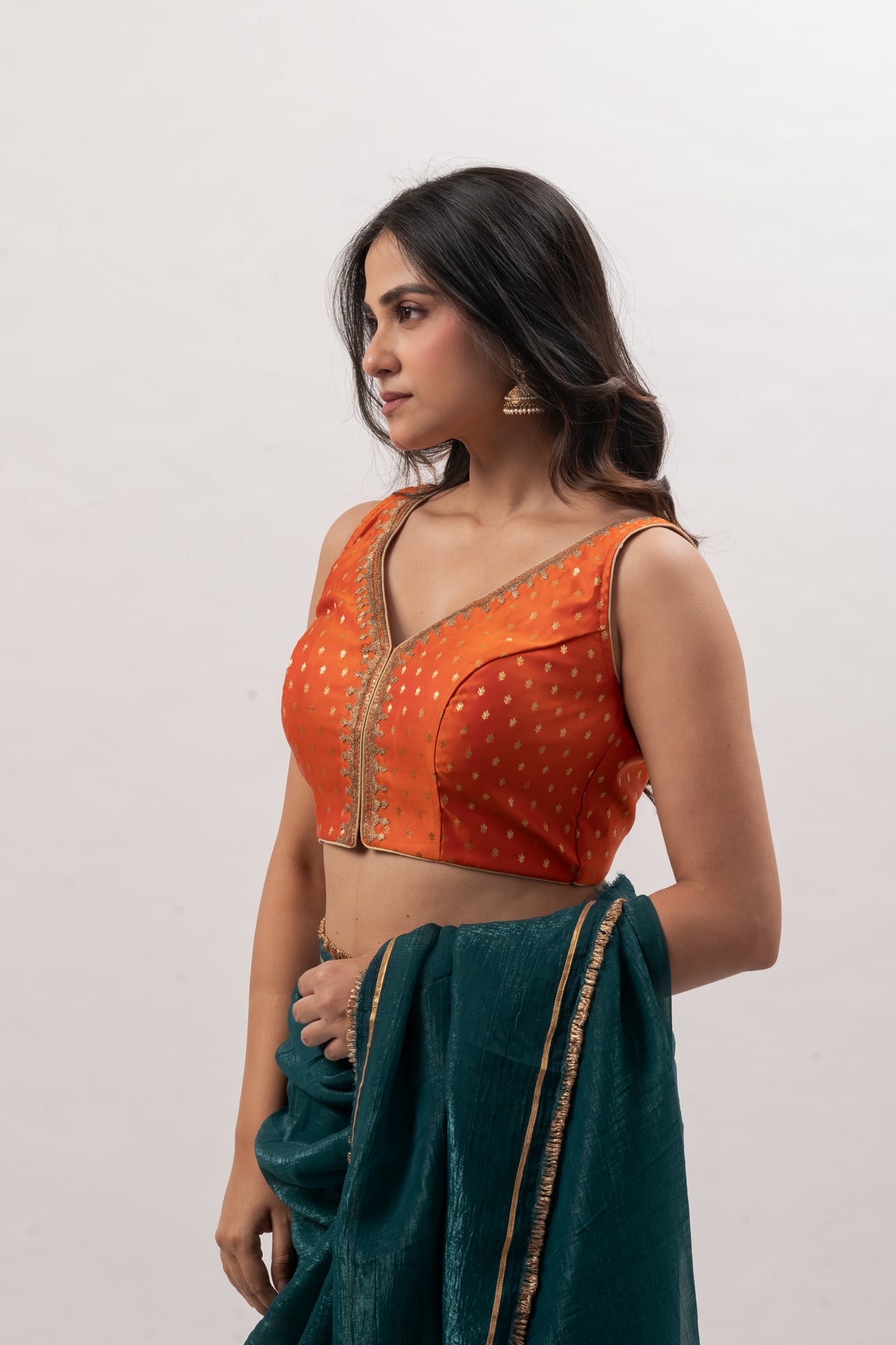 Tangerine Orange Sleeveless Benarasi Blouse