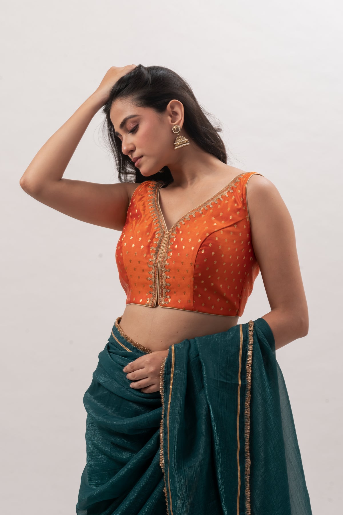 Tangerine Orange Sleeveless Benarasi Blouse