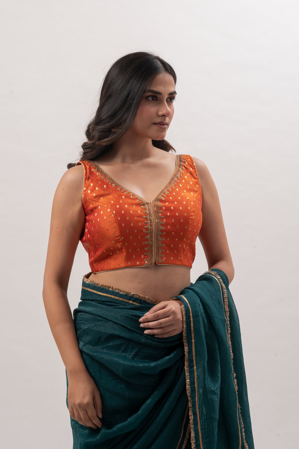 Tangerine Orange Sleeveless Benarasi Blouse