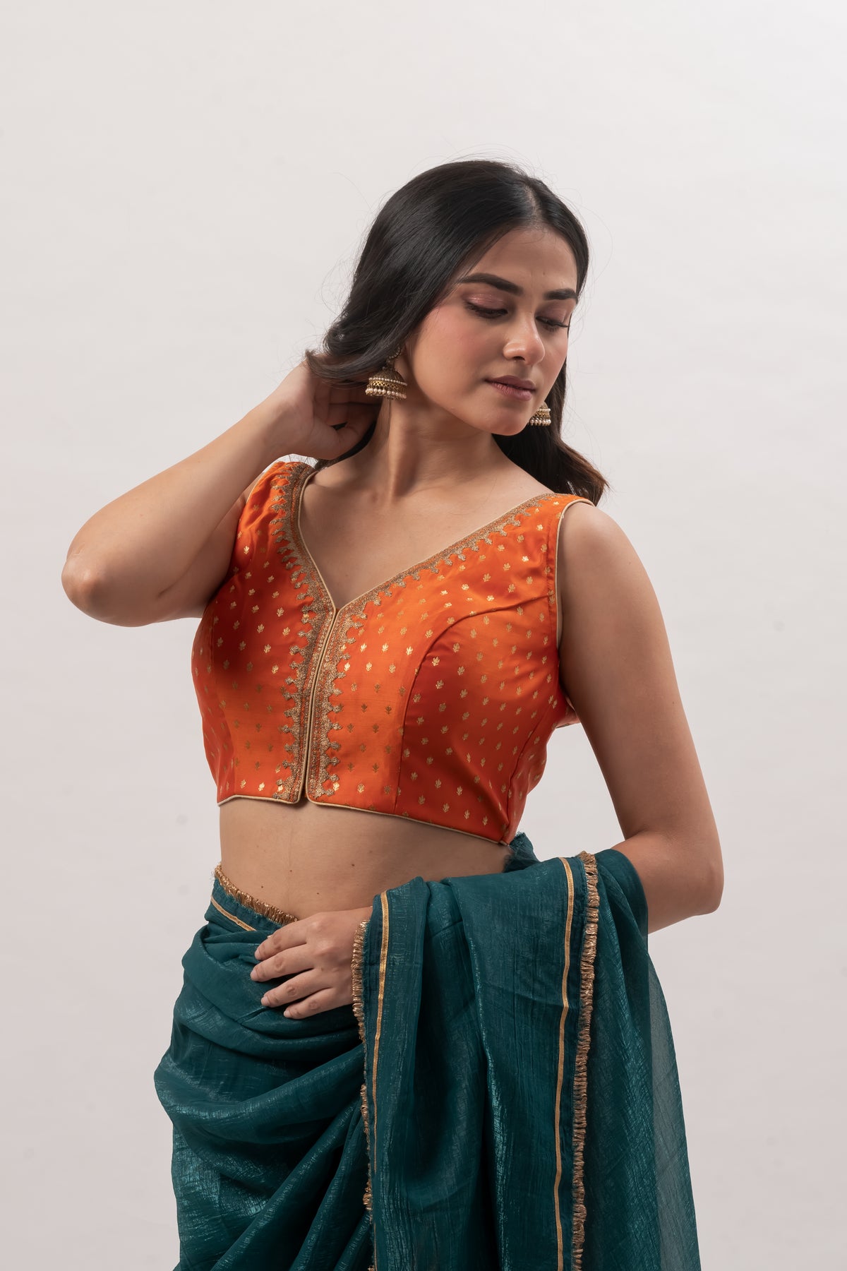 Tangerine Orange Sleeveless Benarasi Blouse