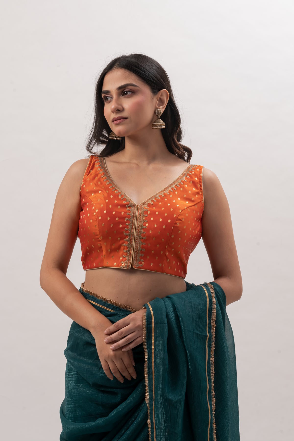 Tangerine Orange Sleeveless Benarasi Blouse