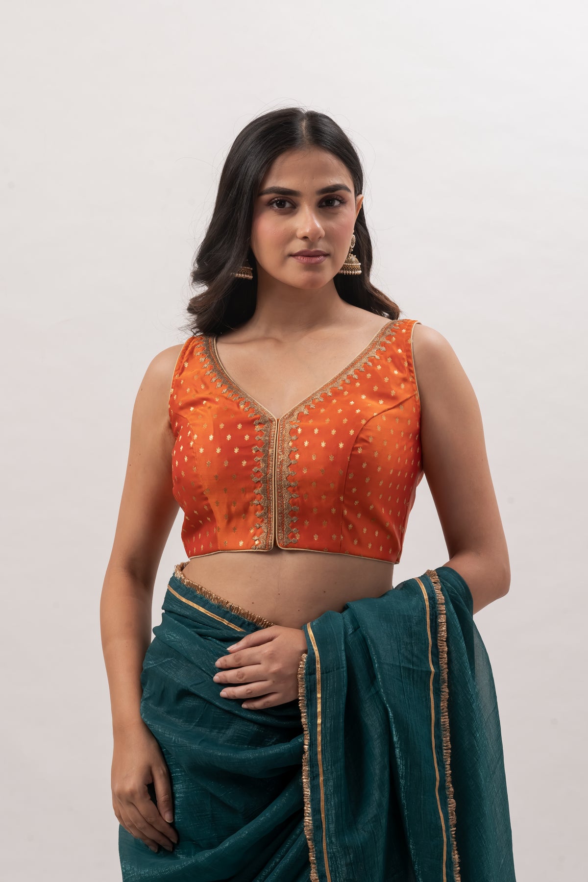 Tangerine Orange Sleeveless Benarasi Blouse