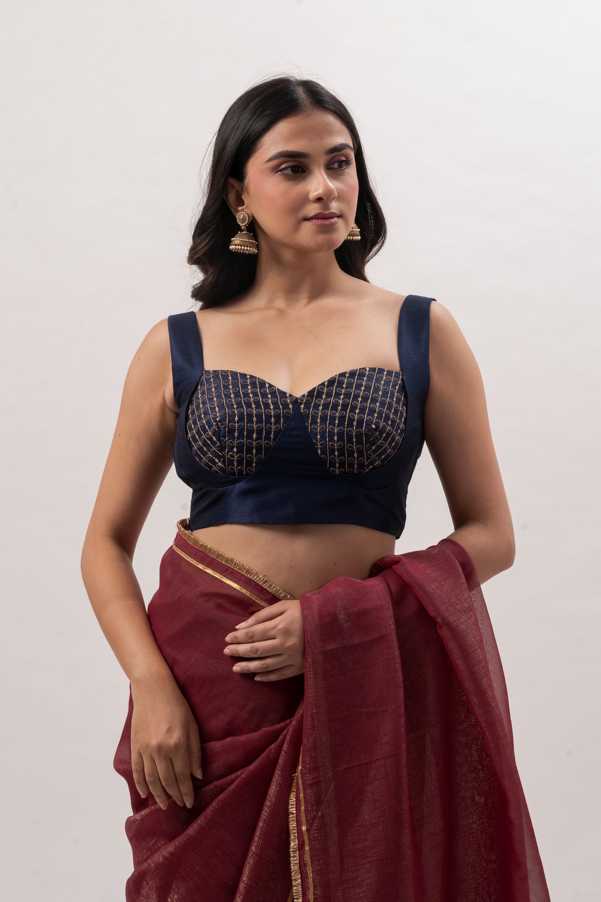 Navy Blue Sleeveless Sweetheart Bustier Blouse
