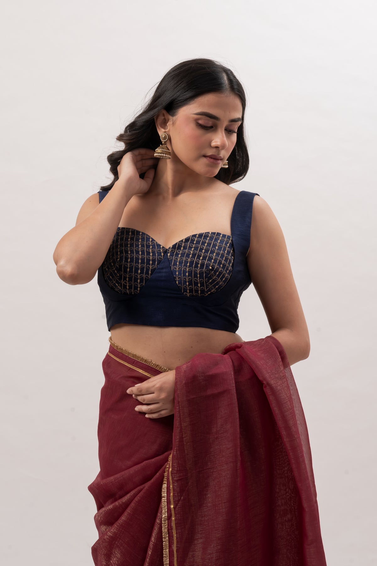 Navy Blue Sleeveless Sweetheart Bustier Blouse