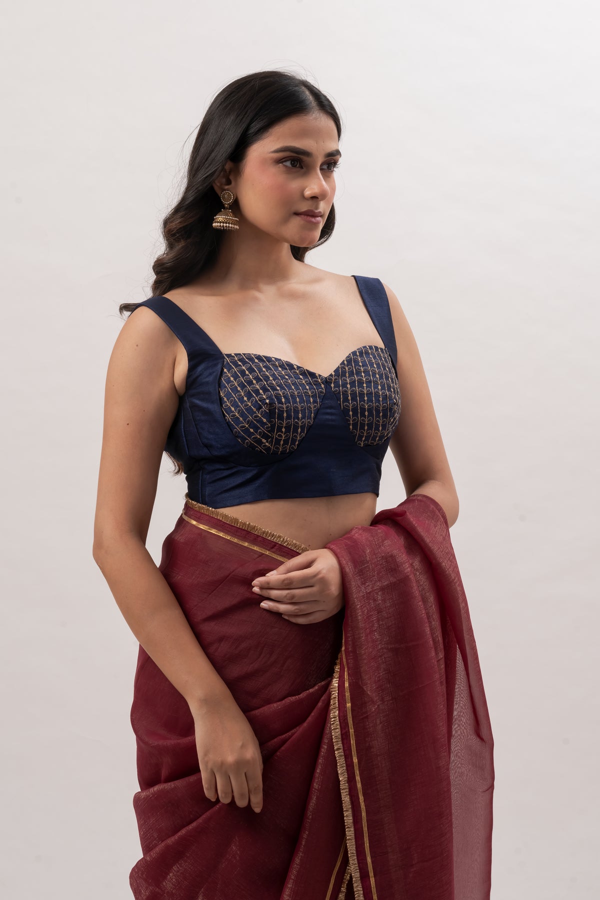 Navy Blue Sleeveless Sweetheart Bustier Blouse