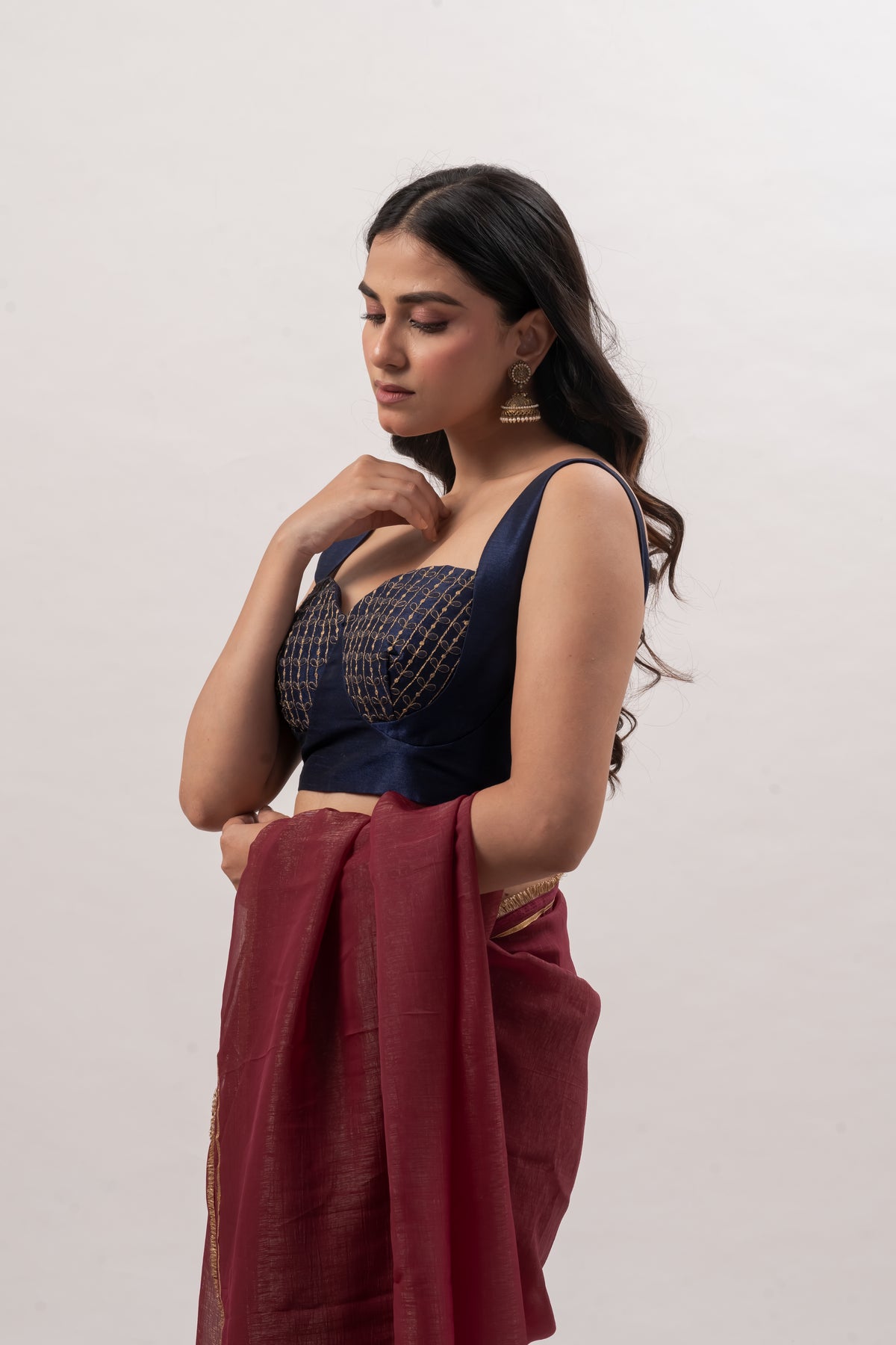 Navy Blue Sleeveless Sweetheart Bustier Blouse