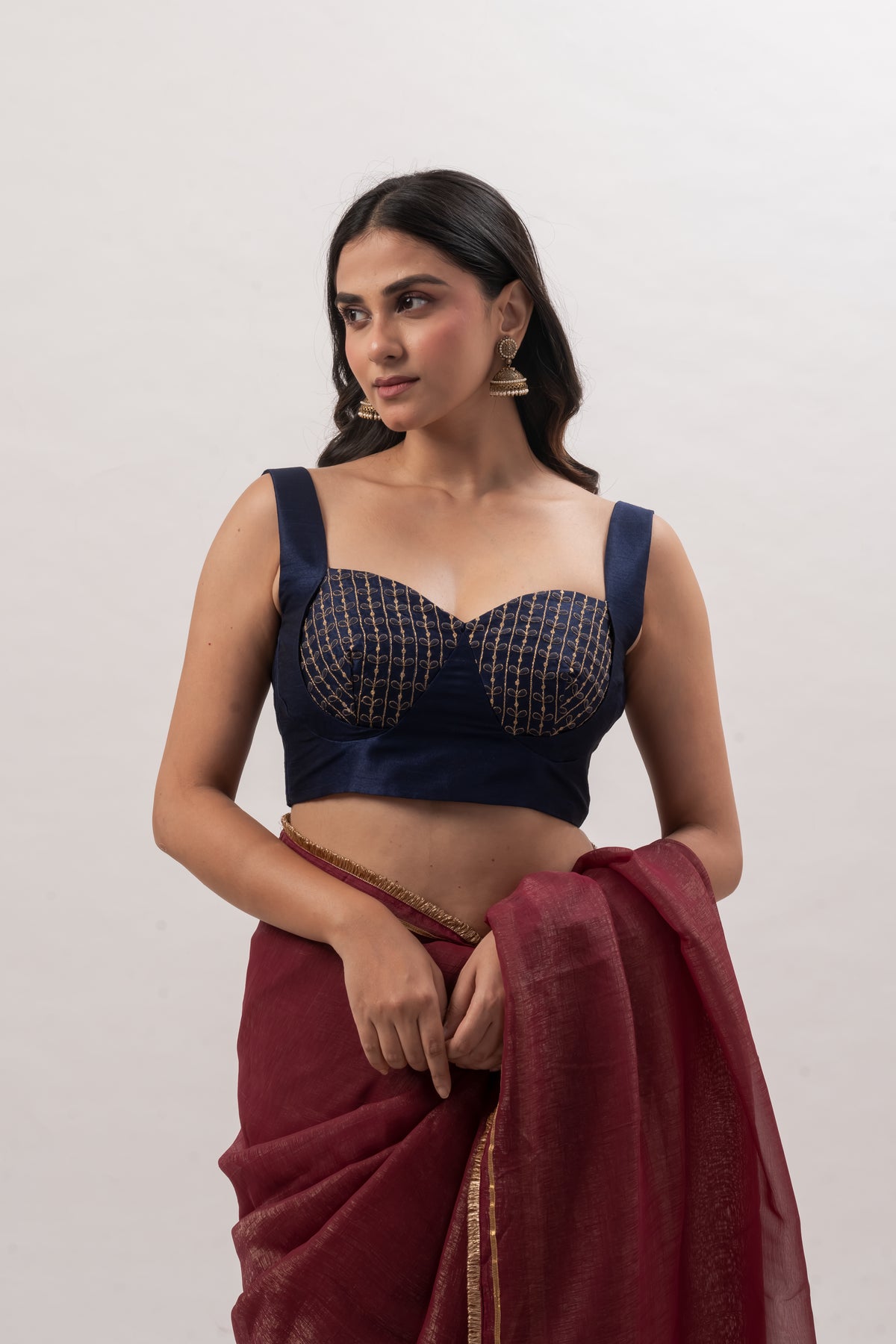 Navy Blue Sleeveless Sweetheart Bustier Blouse