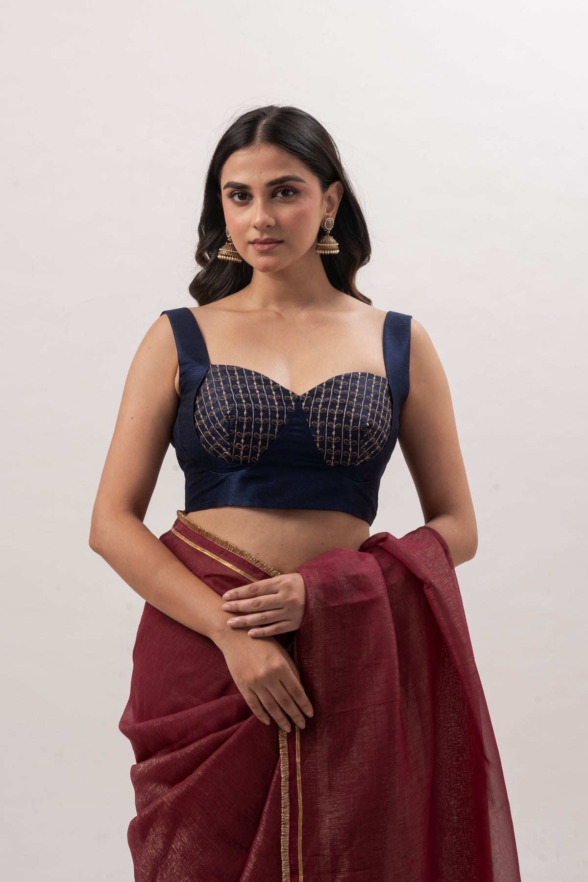 Navy Blue Sleeveless Sweetheart Bustier Blouse