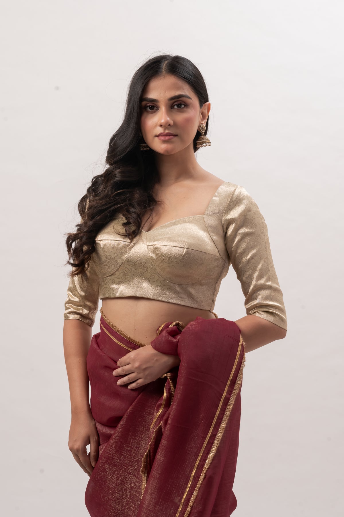 Muted Gold Elbow-Sleeve Sweetheart Blouse