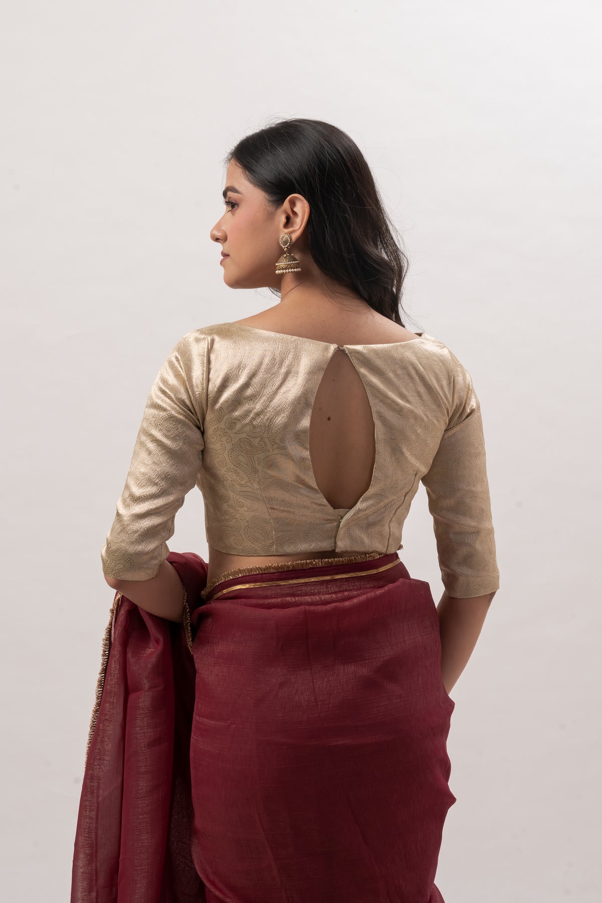Muted Gold Elbow-Sleeve Sweetheart Blouse
