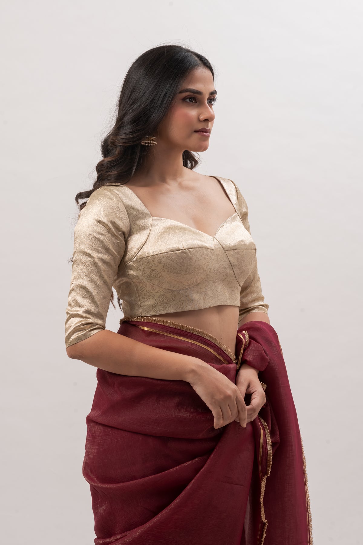 Muted Gold Elbow-Sleeve Sweetheart Blouse